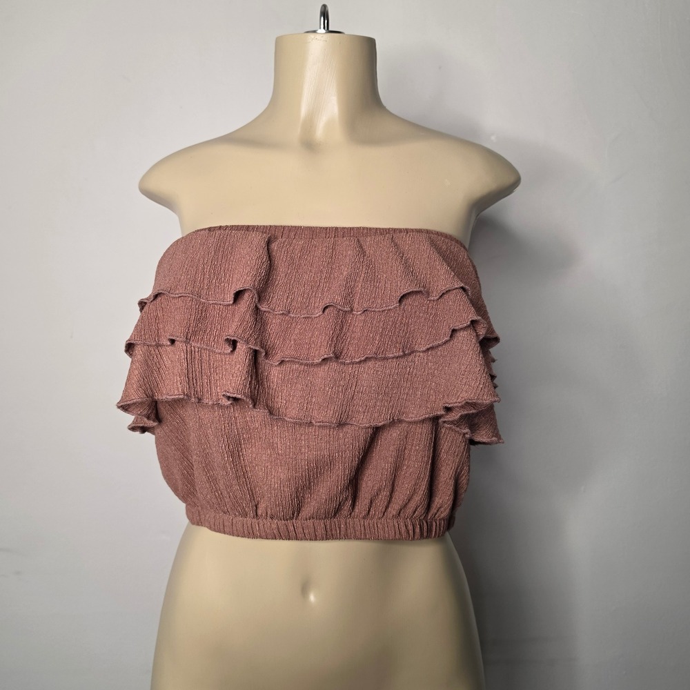 Madden Girl Top Womens XL Brown Ruffle Strapless Tube Top Cropped Crepe P225174